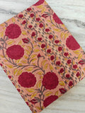 Peach & Red Floral Cotton Fabric by the Yard – Indian Block Print Botanical Stripe – Handmade Craft Textile, Quilting Fabric, Apparel Fabric