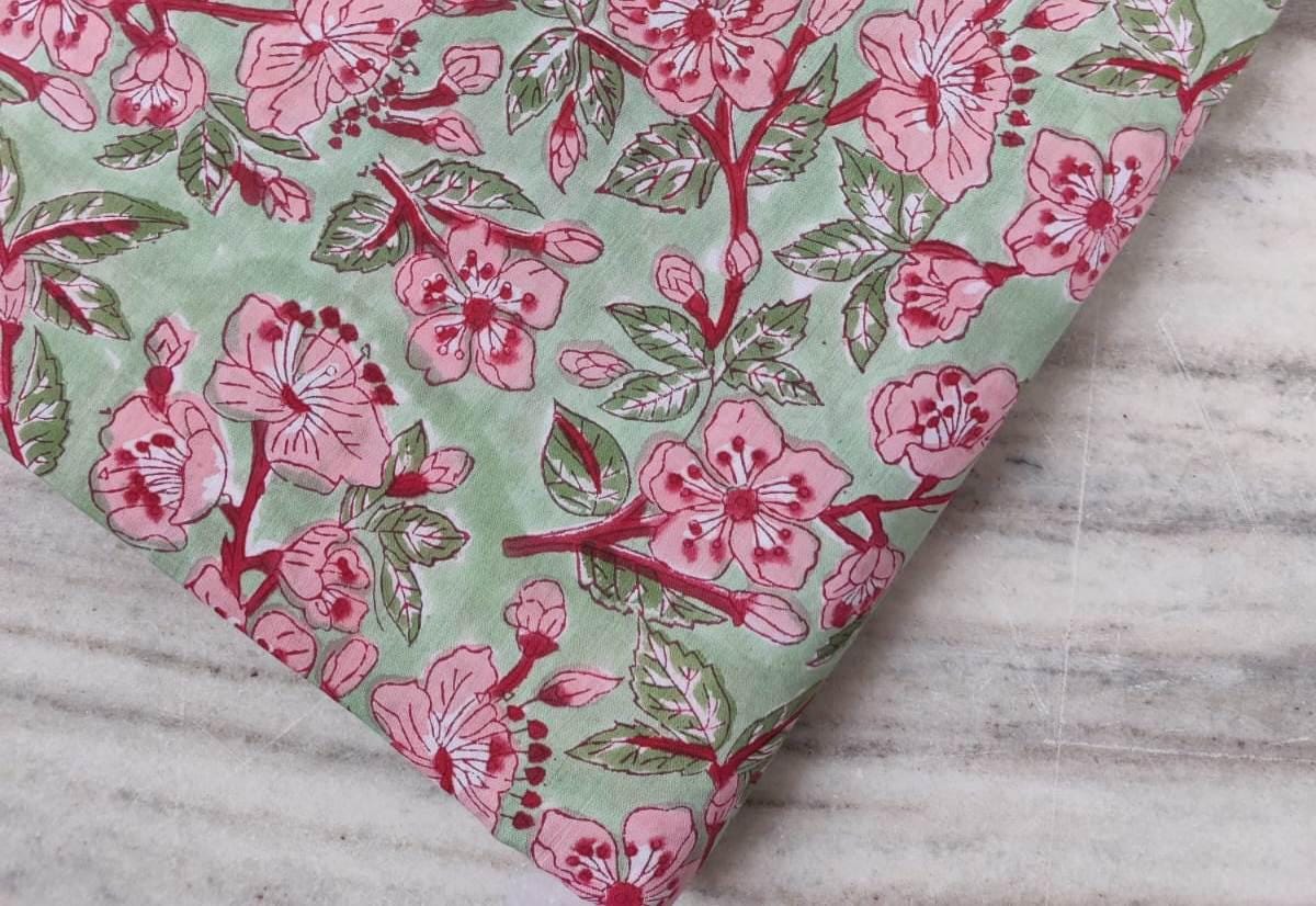 Green Floral Hand Block Print Cotton Fabric: Indian Quilting Textile