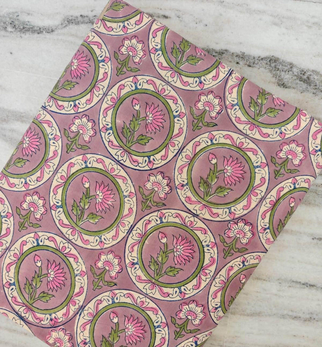 Dusty Pink Floral Cotton Fabric, Indian Hand Block Print Fabric, Pink Circle Flower Cotton, Boho Sewing Fabric, Dressmaking Craft Fabric