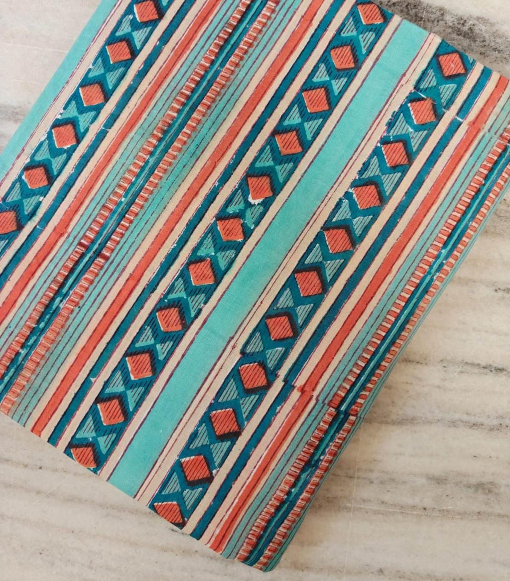 Turquoise Coral Geometric Cotton Fabric, Indian Hand Block Print Cotton Fabric, Southwestern Diamond Stripe Print for Sewing & Quilting