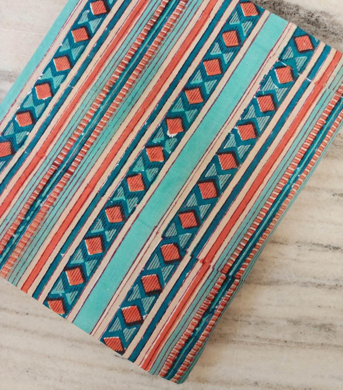 Turquoise Coral Geometric Cotton Fabric, Indian Hand Block Print Cotton Fabric, Southwestern Diamond Stripe Print for Sewing & Quilting