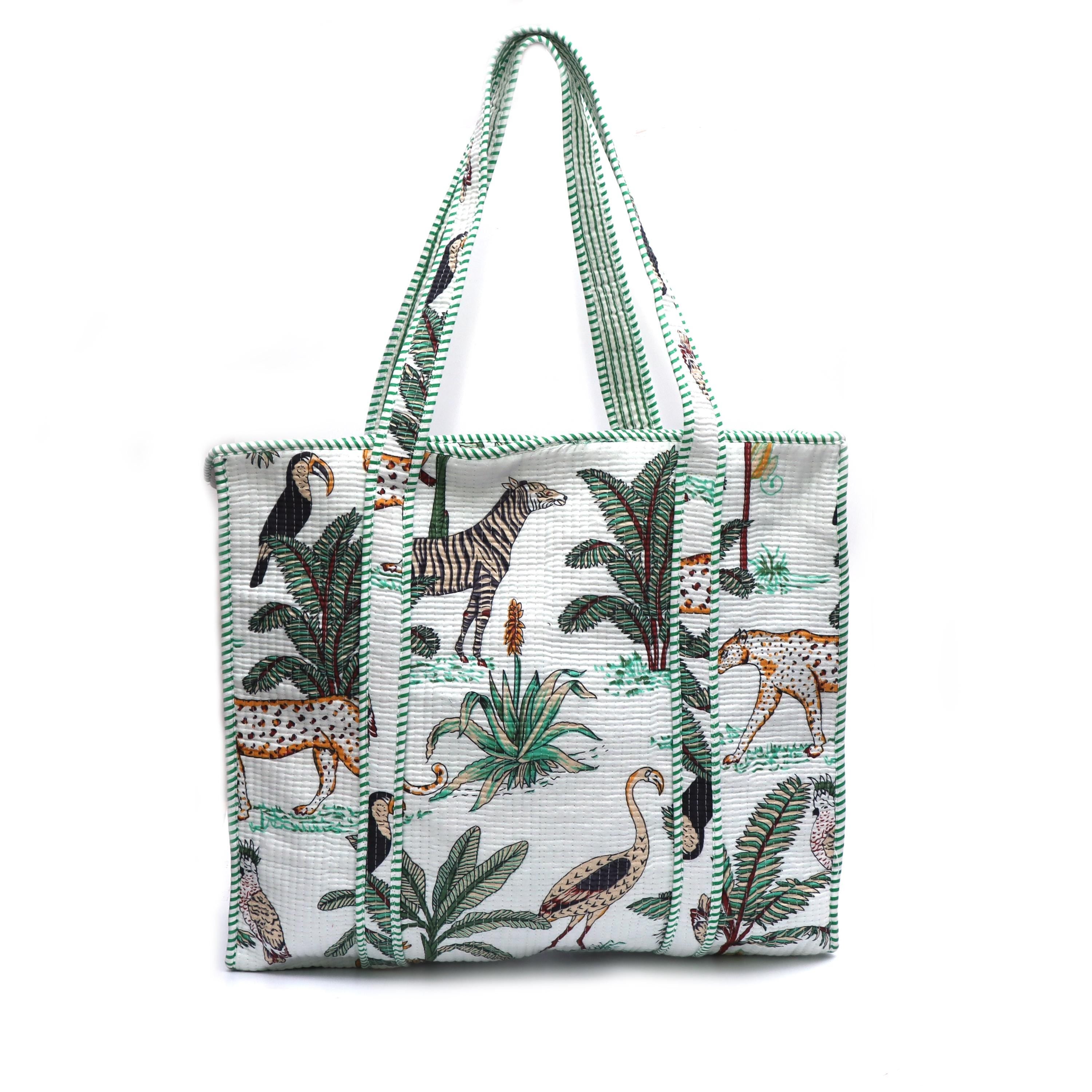 Handmade Quilted Cotton Tote Bag, White Jungle Print Shoulder Bag, Safari Animal Tote Purse, Large Everyday Market Bag, Travel Shopper Gift