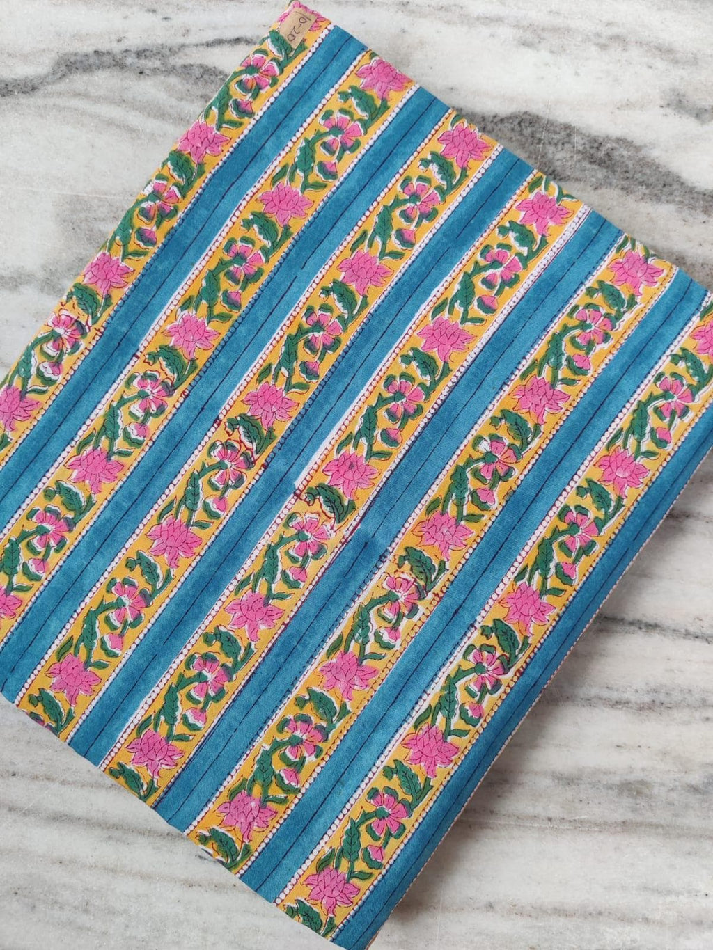 Striped Floral Cotton Fabric by the Yard, Blue Yellow Pink Hand Block Print Fabric, Indian Cotton for Sewing, Quilting, Dressmaking & Crafts