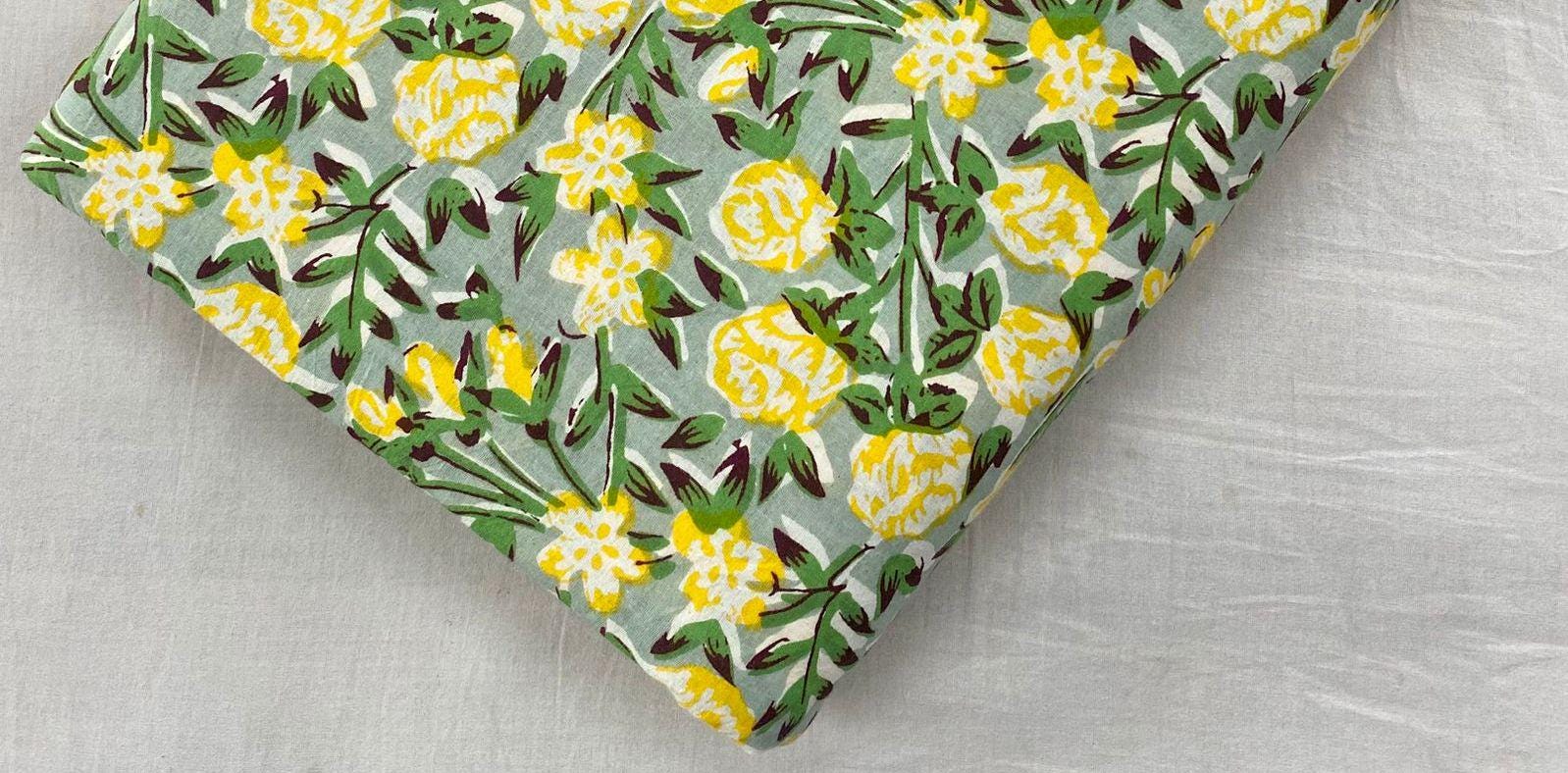 Yellow Floral Cotton Fabric | Hand Block Print Green Leaf Pattern | Soft Indian Cotton by the Yard | Sewing, Quilting, Dressmaking Fabric