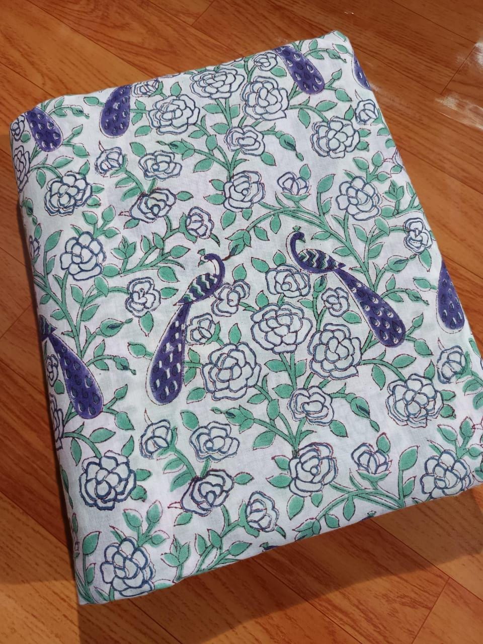 Peacock Designer Hand Block Print Fabric, Floral 100% Cotton Quilting Fabric By The Yard, Fabric For Dress Making, Loose Running Fabric