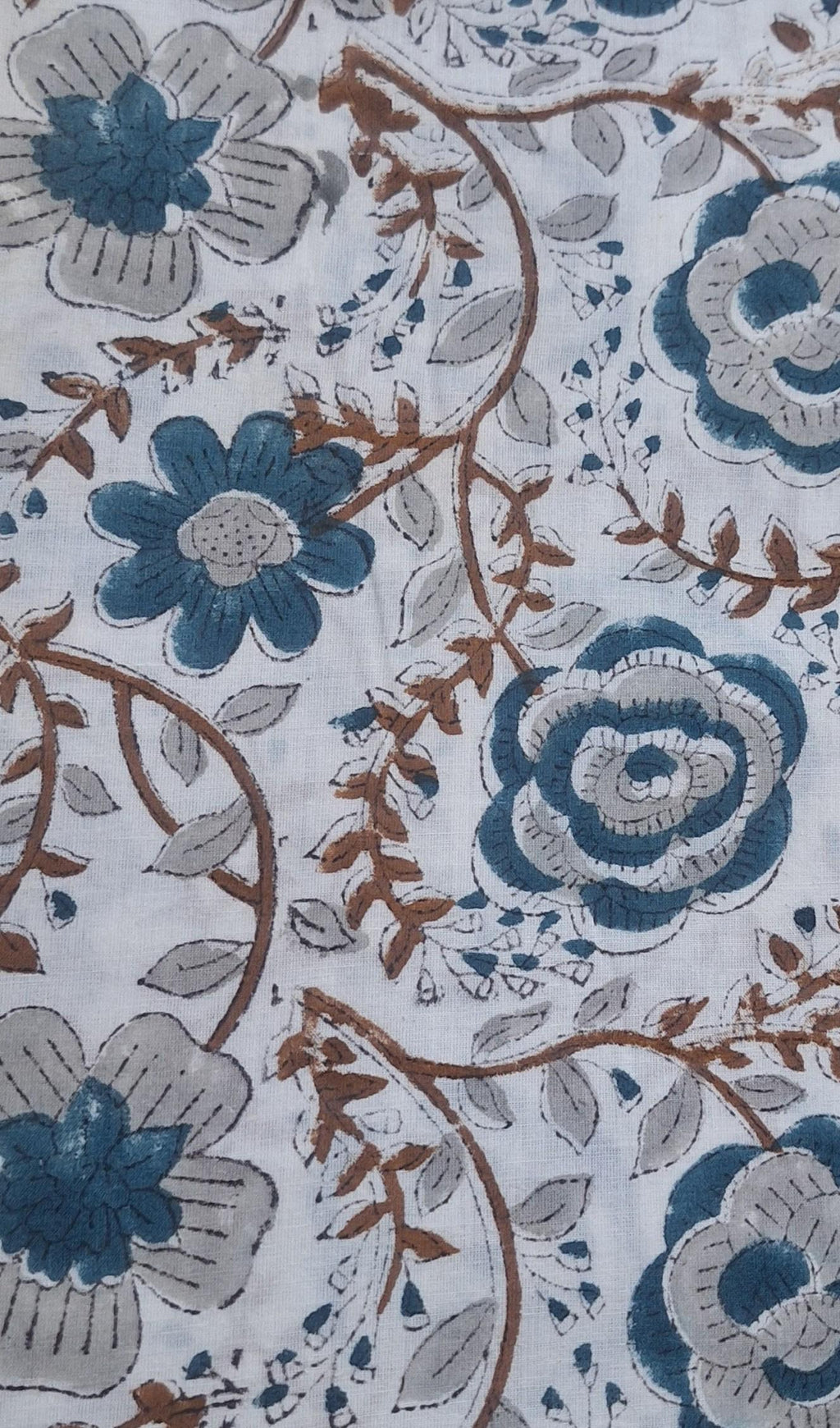 Blue Floral Cotton Fabric, Hand Block Print Style Fabric, Vintage Botanical Print, Soft Lightweight Cotton Yardage, Sewing Quilting Fabric