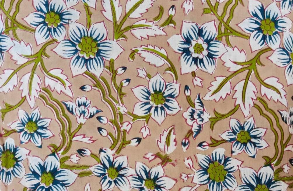 Pink Floral Cotton Fabric Hand Block Print Fabric Indian Cotton Textile Blue White Flower Fabric Botanical Vine Fabric Quilting Craft Fabric
