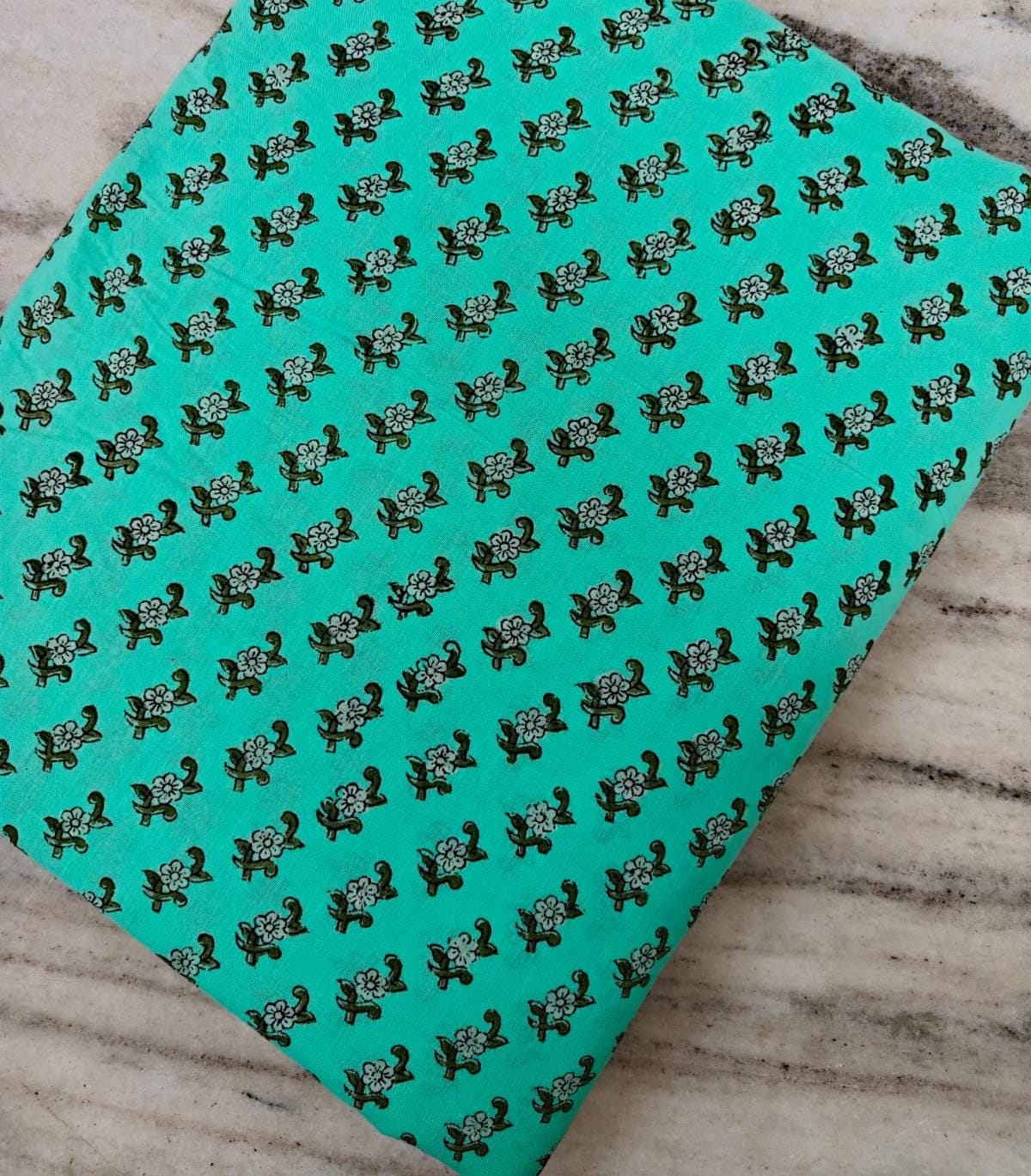 Hand Block Printed Cotton Fabric, Turquoise Small Floral Buti Print, Indian Cotton Fabric, Soft Lightweight Fabric for Dressmaking Quilting