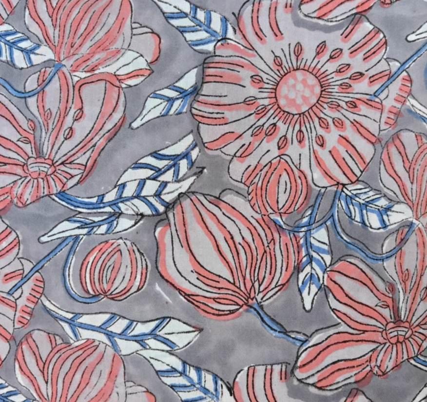 Coral Pink Floral Cotton Fabric on Grey, Handblock Style Botanical Print, Soft Quilting Fabric, Dressmaking Material, Modern Vintage Textile