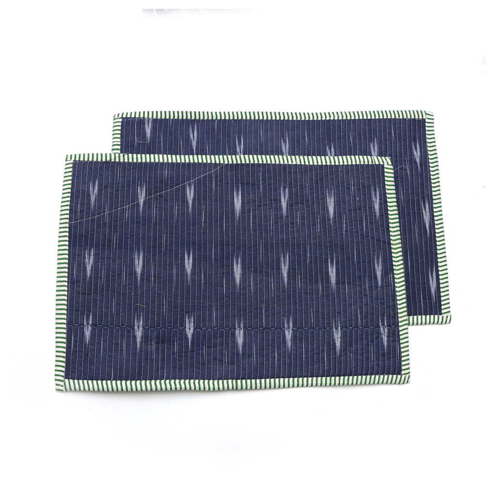 Blue Block Print Placemats Set, Cotton Floral Table Mats with Green Stripe Border, Christmas Gifts