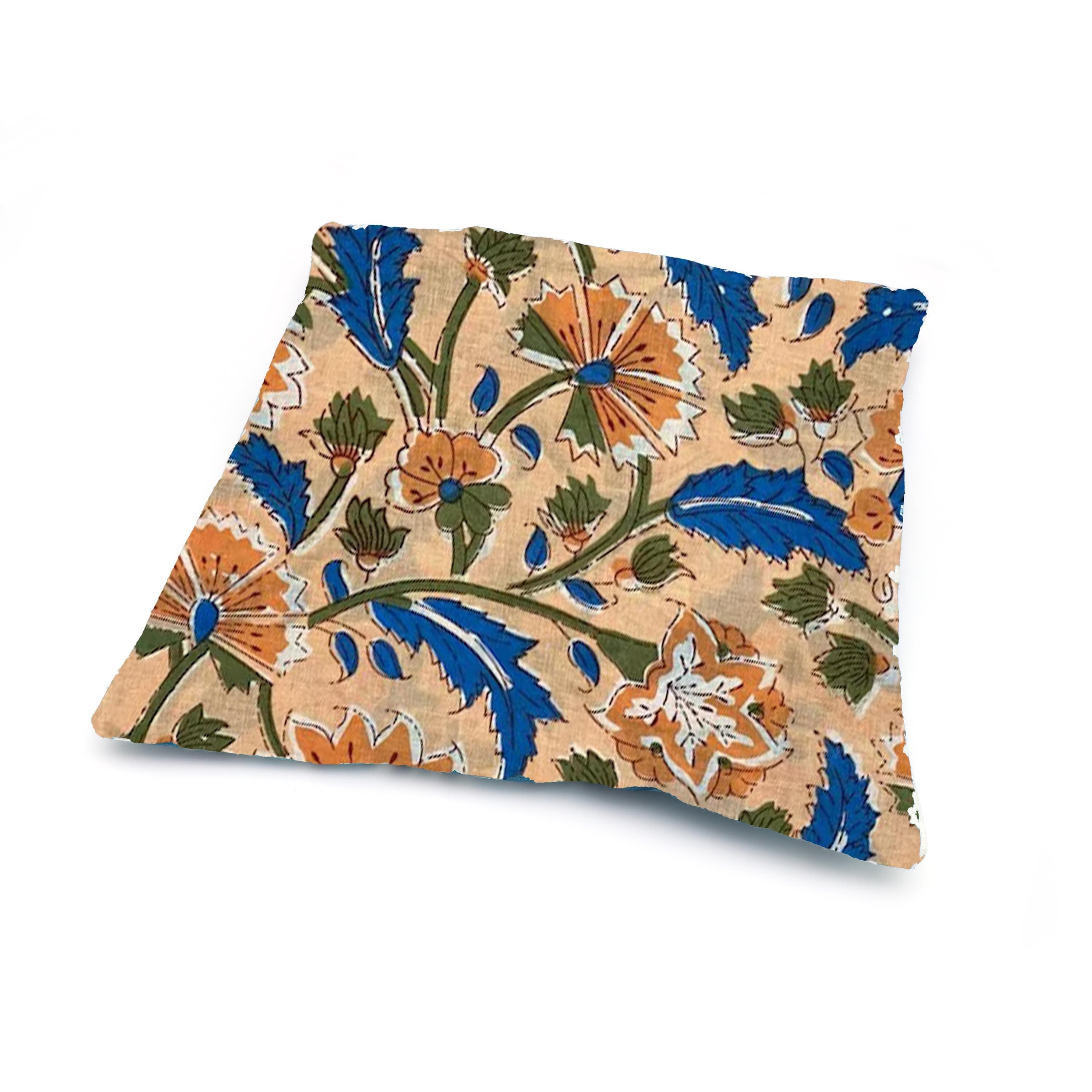 Beige Floral Cotton Cushion Cover, Hand Block Print Pillow Cover, Blue Orange Flower Throw Pillow, Boho Decorative Cushion, Gifr For Her