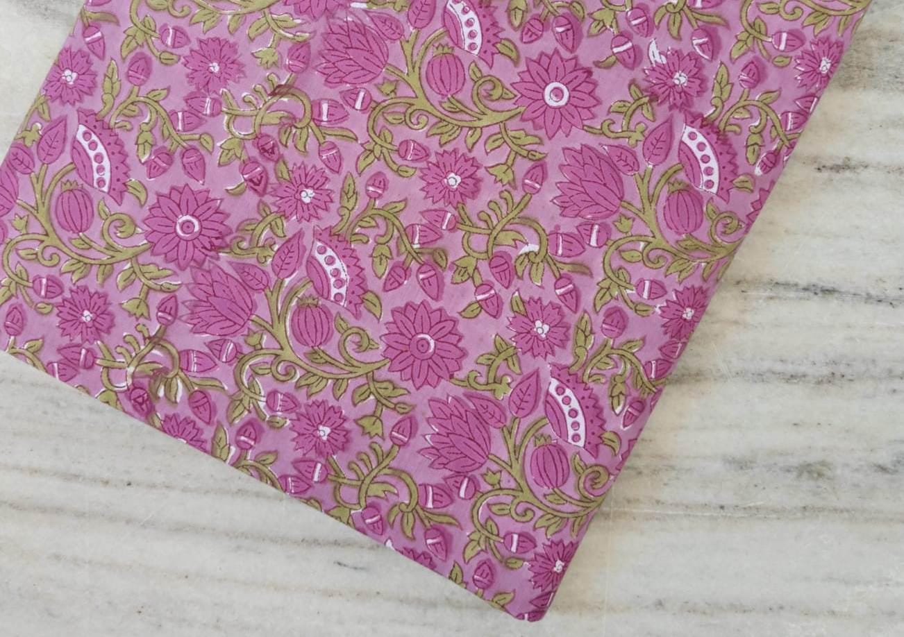 Pink Red Designer Hand Block Print Fabric, Floral 100% Cotton Quilting Fabric By The Yard, Fabric For Dress Making, Loose Running Fabric