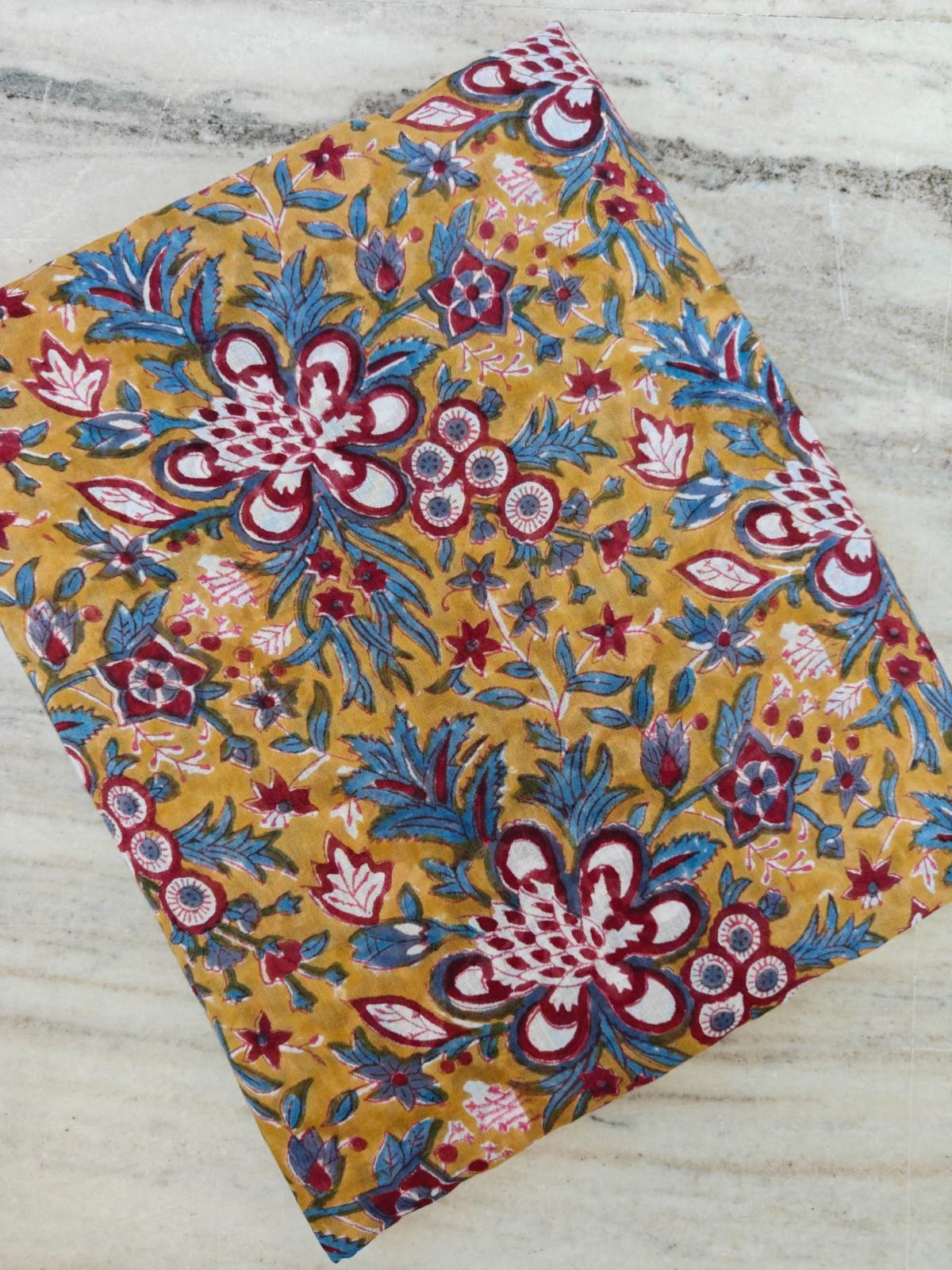 Mustard Floral Cotton Fabric by the Yard, Indian Block Print Fabric, Teal and Maroon Flower Print, Boho Craft Sewing, Loose Running Fabric