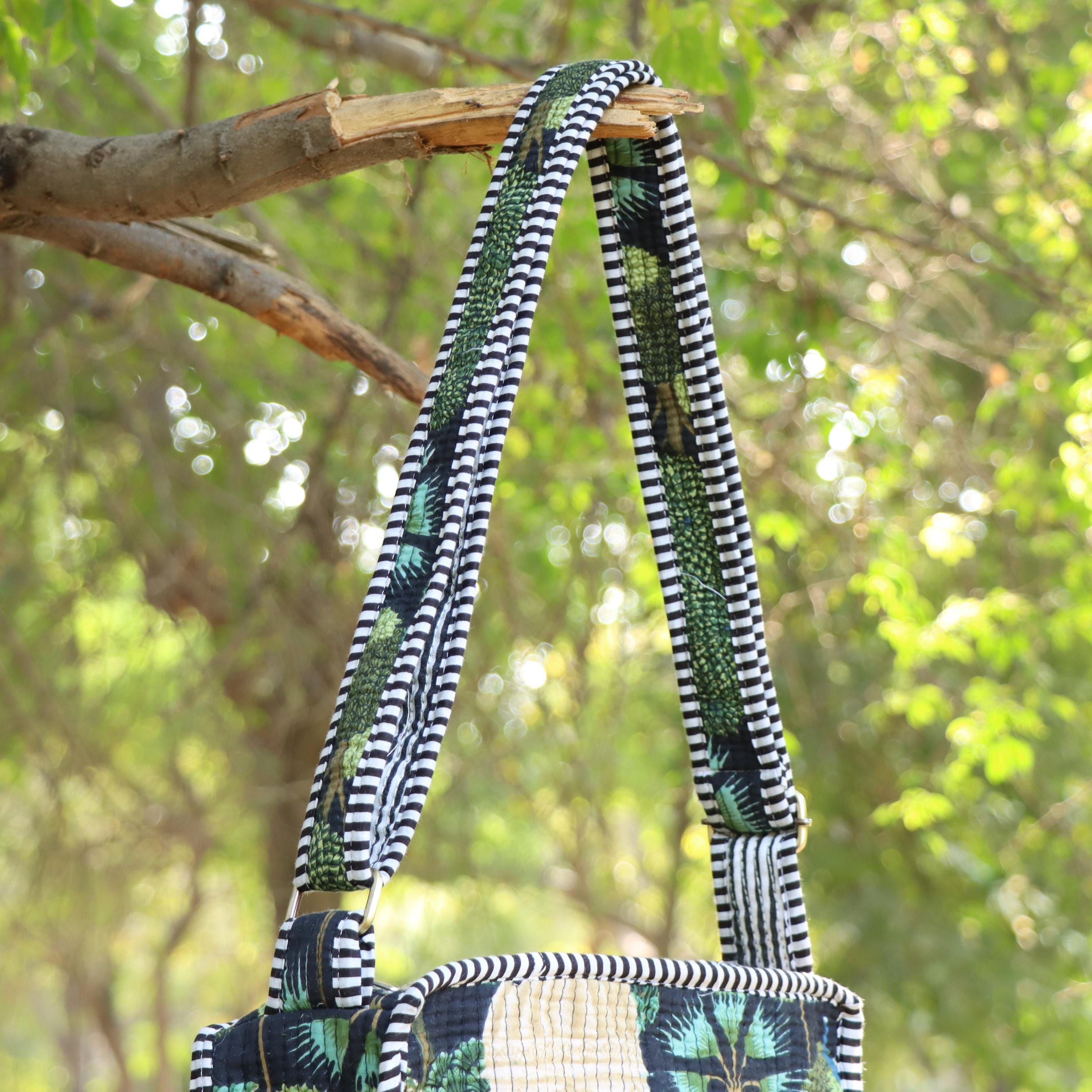 Quilted Crossbody Sling Bag, Handmade Cotton Shoulder Bag, Forest Print Small Travel Pouch, Lightweight Zip Purse for Women Adjustable Strap