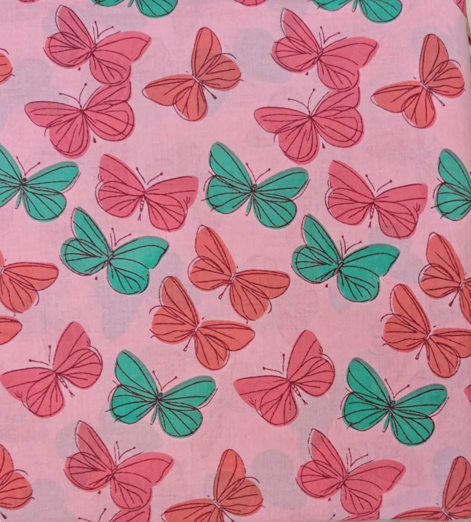 Pink Butterfly Cotton Fabric, Teal & Coral Butterflies Print, Quilting Fabric, Dressmaking Fabric, Craft Fabric by the Yard Dressmaking