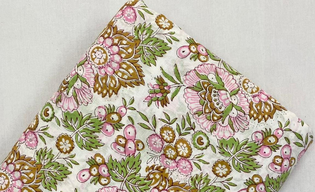 Green Hand Block Print Fabric, Floral 100% Cotton Quilting Fabric By The Yard, Fabric For Dress Making, Loose Running Fabric, Napkin Fabric