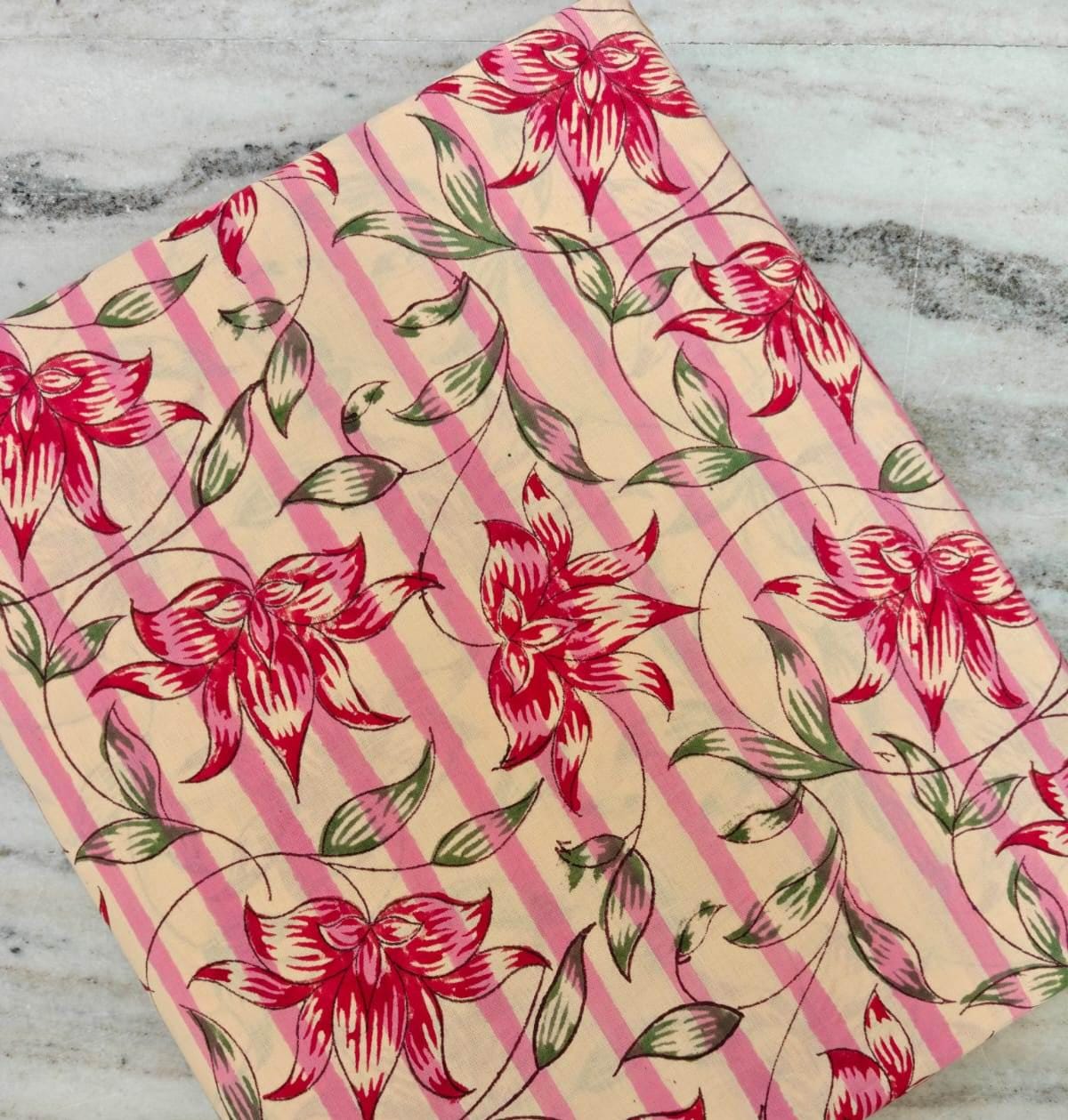 Red Floral Cotton Fabric, Pink Stripe Background, Indian Block Print Style, Dressmaking, Quilting & Home Decor Fabric by the Yard, Napkins