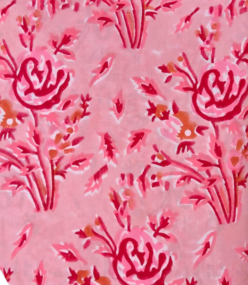Pink Red Designer Hand Block Print Fabric, Floral 100% Cotton Quilting Fabric By The Yard, Fabric For Dress Making, Loose Running Fabric
