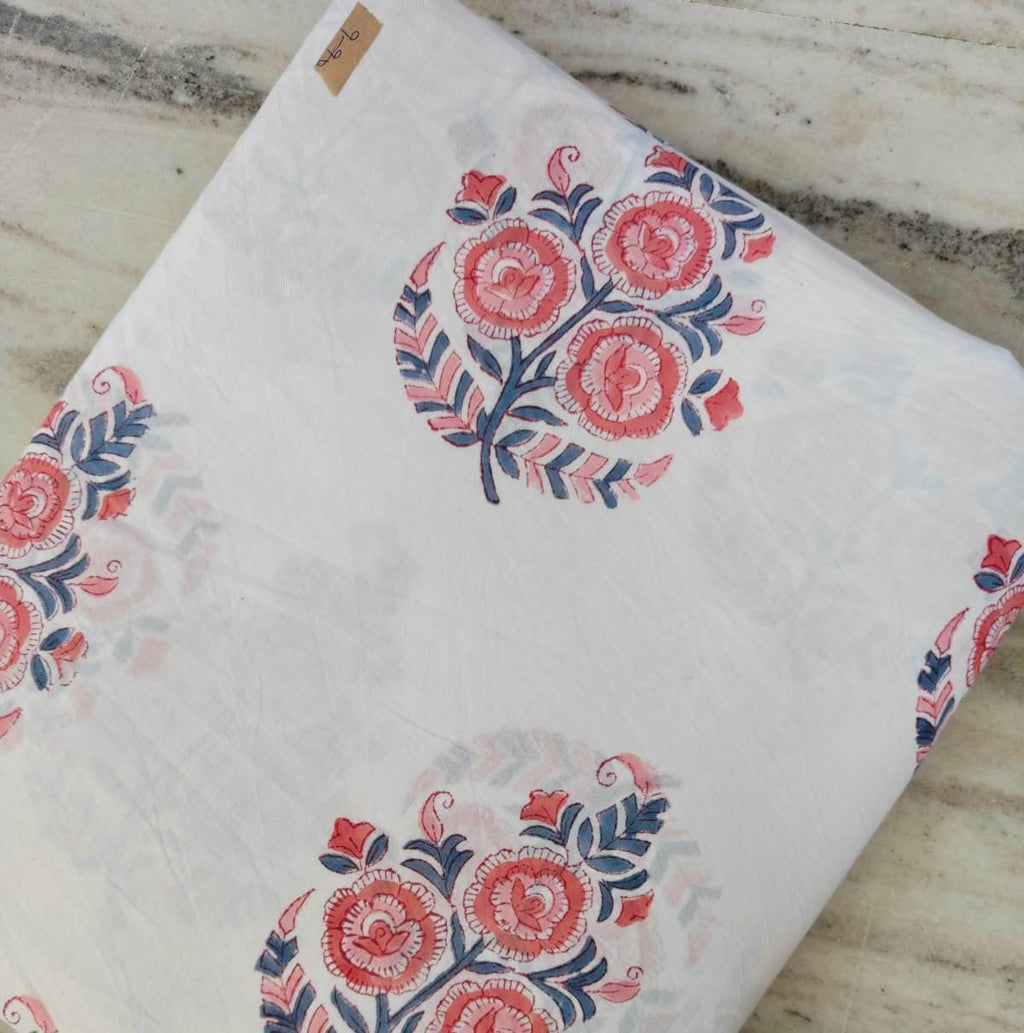 Pink Blue Floral Cotton Fabric, Indian Block Print Fabric, White Floral Cotton Fabric by the Yard, Hand Block Fabric, Dressmaking Fabric