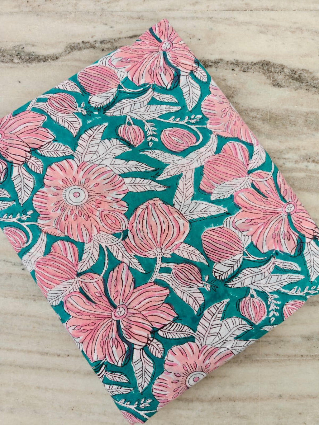 Teal Pink Floral Cotton Fabric, Hand Block Printed Fabric by the Yard, Soft Indian Cotton Sewing, Dressmaking, Summer Floral Print Fabric