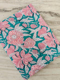 Teal Pink Floral Cotton Fabric, Hand Block Printed Fabric by the Yard, Soft Indian Cotton Sewing, Dressmaking, Summer Floral Print Fabric