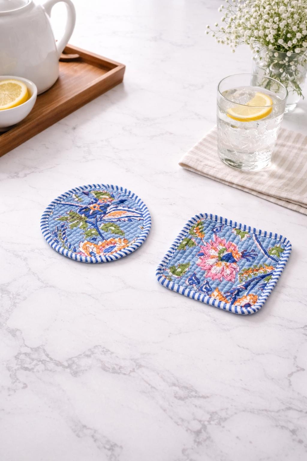 Floral Cotton Tea Coaster Set, Hand Block Print Blue Coasters, Quilted Fabric Drink Coasters, Reusable Table Decor, Housewarming Gift