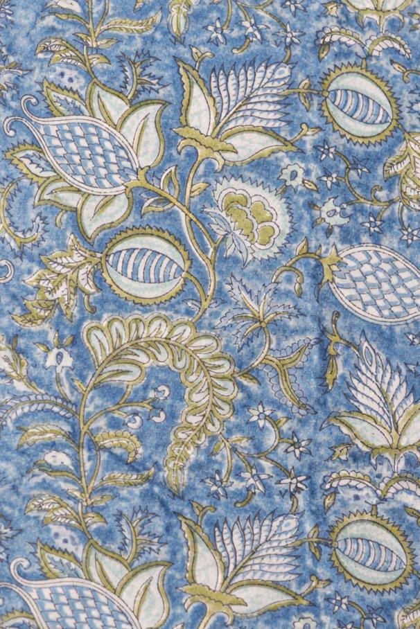 Blue Floral Hand Block Print Cotton Fabric, Indian Botanical Cotton Textile for Sewing, Quilting, Dressmaking, Loose Running Fabric, Napkins