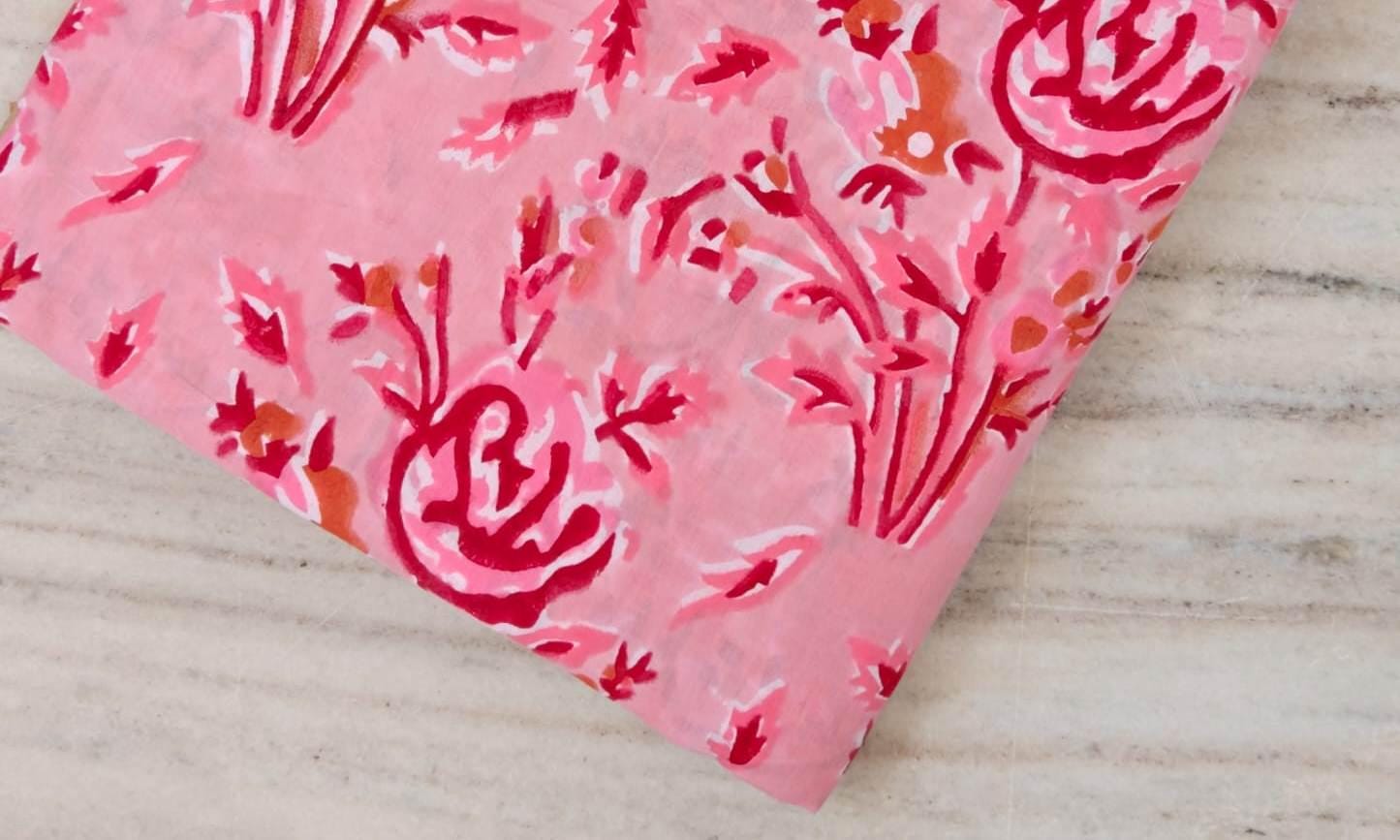 Pink Red Designer Hand Block Print Fabric, Floral 100% Cotton Quilting Fabric By The Yard, Fabric For Dress Making, Loose Running Fabric