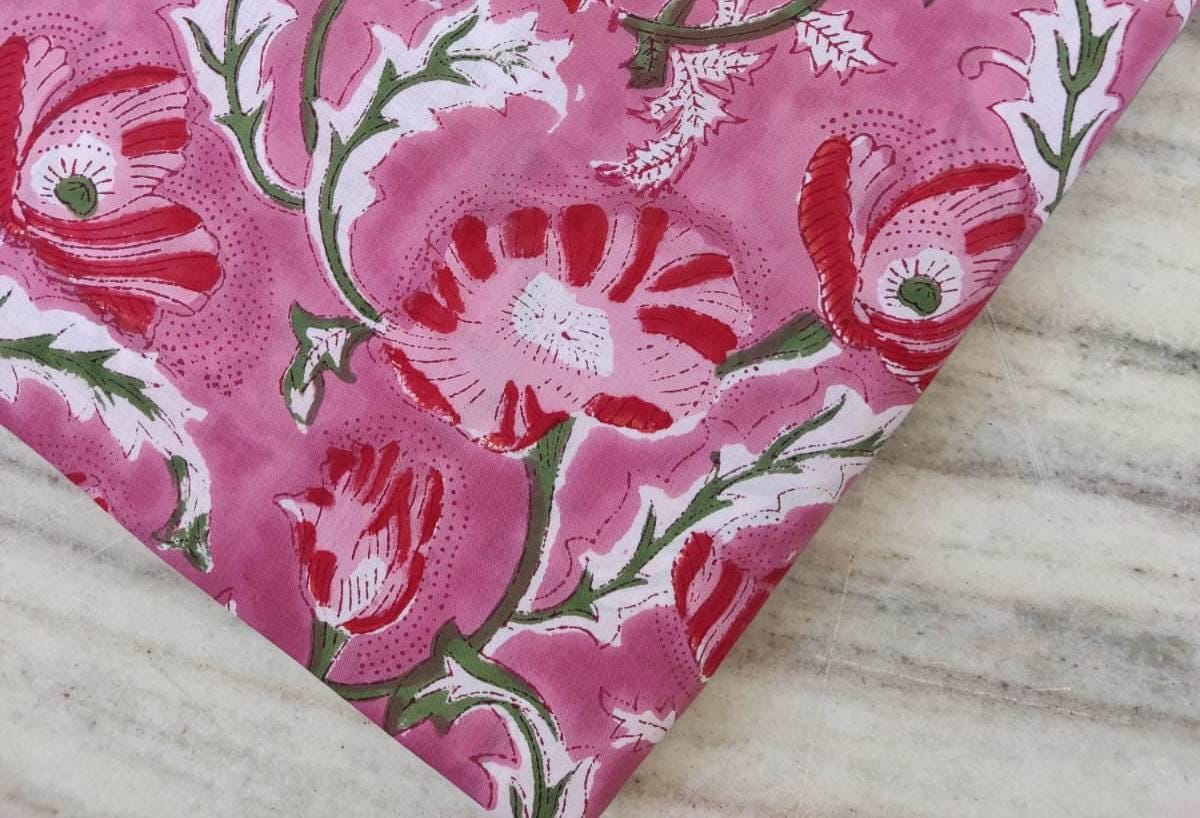 Pink Floral Cotton Fabric by the Yard, Soft Block Print Fabric for Quilting, Dressmaking, Handmade Textile, Loose Running Fabric Gifts