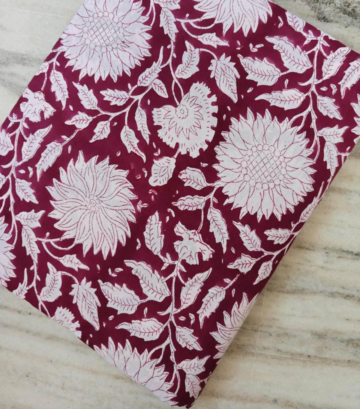 Maroon White Floral Cotton Fabric, Hand Block Print Fabric by the Yard, Soft Indian Cotton for Dressmaking & Home Decor Sewing and Quilting