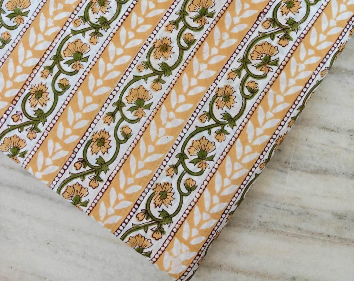 Green Red Designer Hand Block Print Fabric, Floral 100% Cotton Quilting Fabric By The Yard, Fabric For Dress Making, Loose Running Fabric
