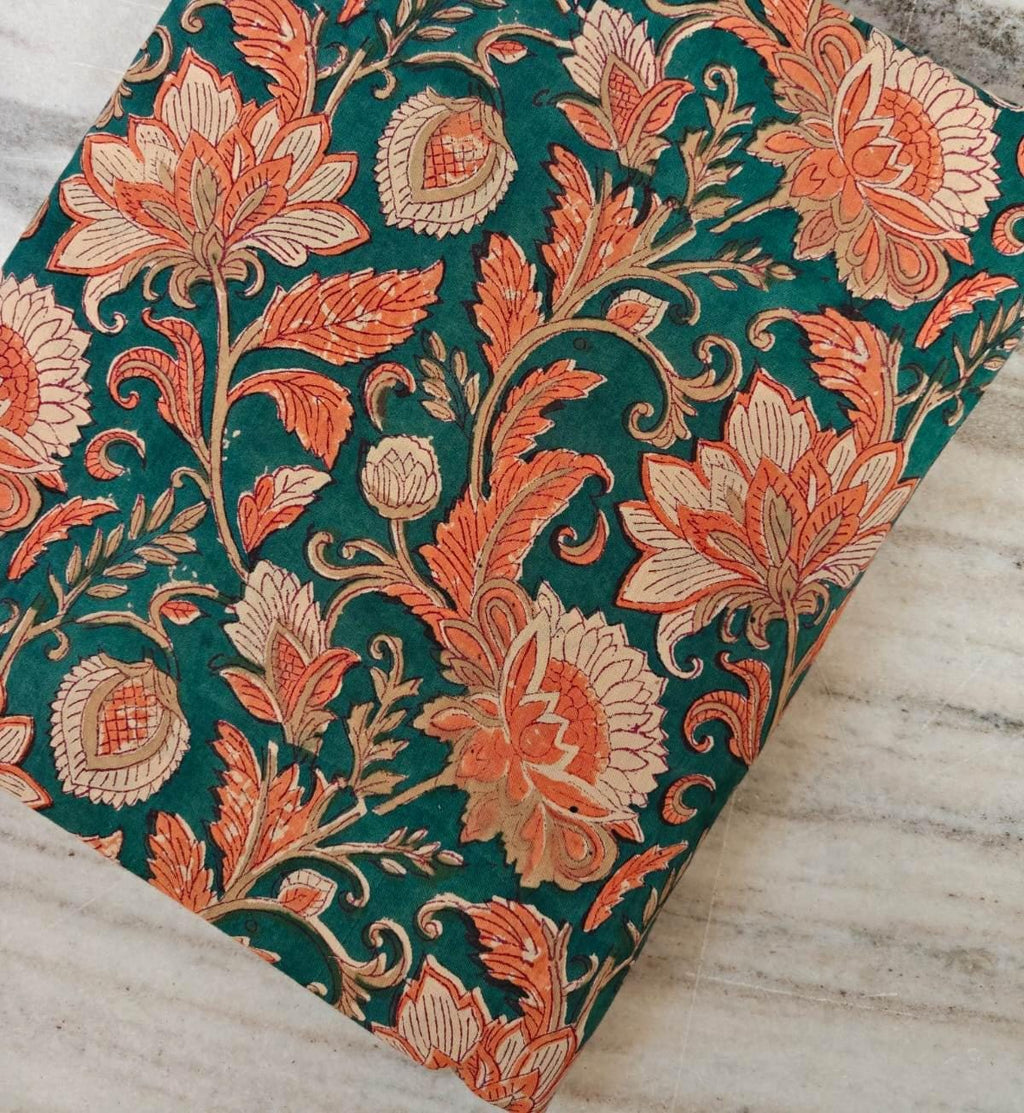 Teal Green Floral Cotton Fabric by the Yard, Orange Lotus Block Print, Indian Handmade Botanical Textile, Loose Running Fabric, Napkins