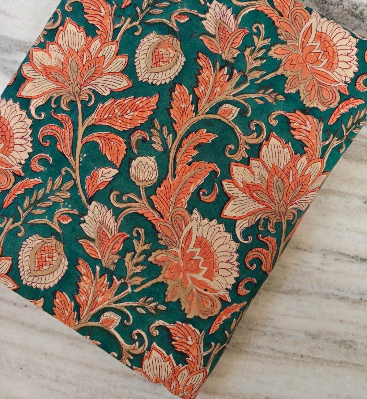 Teal Green Floral Cotton Fabric by the Yard, Orange Lotus Block Print, Indian Handmade Botanical Textile, Loose Running Fabric, Napkins