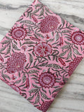 Pink Floral Block Print Cotton Fabric by the Yard, Soft Running Fabric for Sewing, Dress Making, Kurta, Quilting, Handmade Indian Fabric