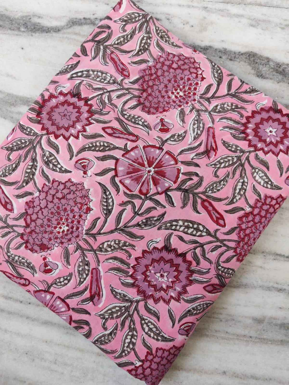 Pink Floral Block Print Cotton Fabric by the Yard, Soft Running Fabric for Sewing, Dress Making, Kurta, Quilting, Handmade Indian Fabric