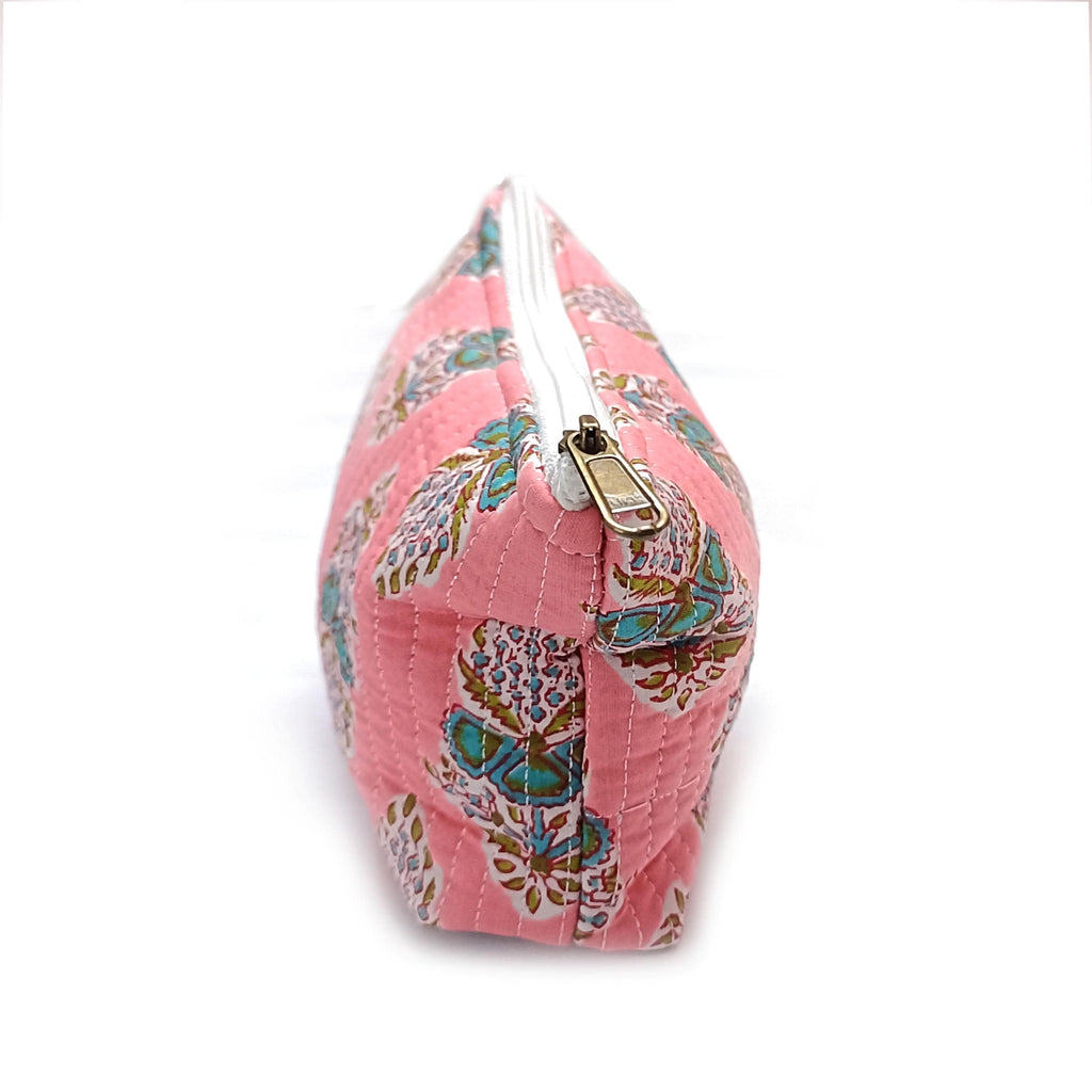 Pink Floral Quilted Pouch: Cotton Makeup Cosmetic Bag