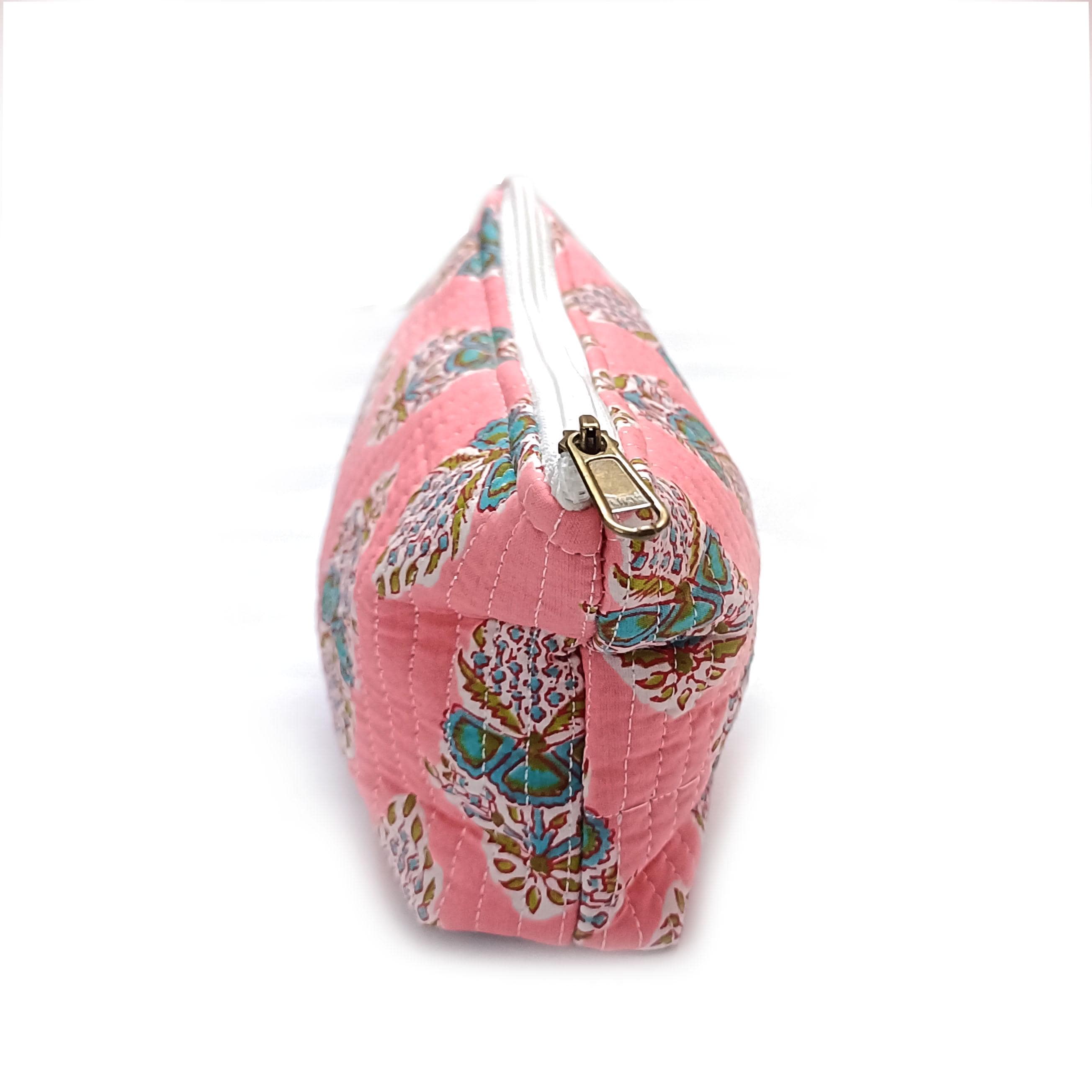 Pink Floral Quilted Pouch: Cotton Makeup Cosmetic Bag