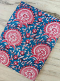 Pink Floral Paisley Cotton Fabric by the Yard, Blue Background Block Print Fabric, Indian Hand Block Print Cotton, Boho Craft Quilting