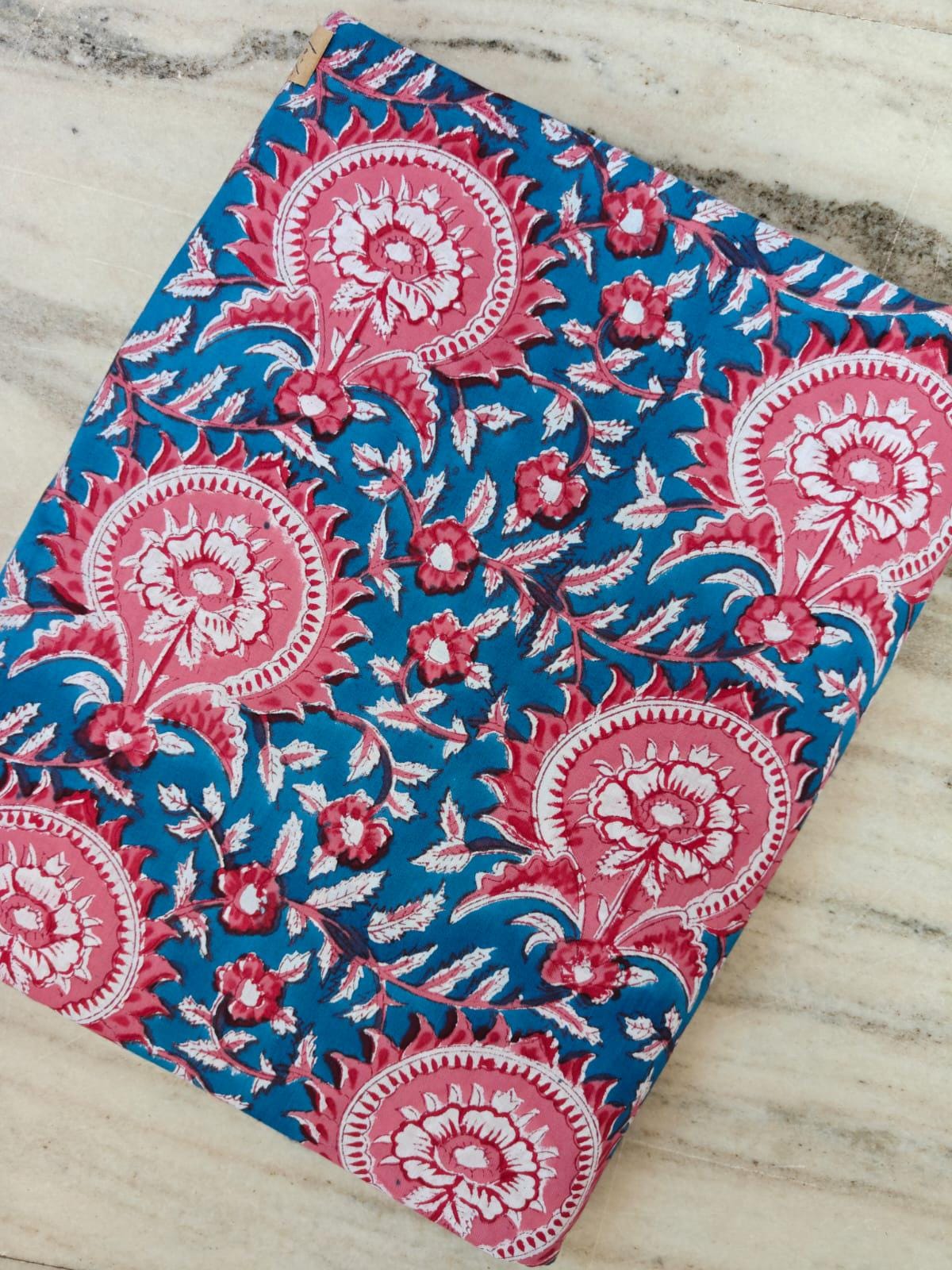 Pink Floral Paisley Cotton Fabric by the Yard, Blue Background Block Print Fabric, Indian Hand Block Print Cotton, Boho Craft Quilting