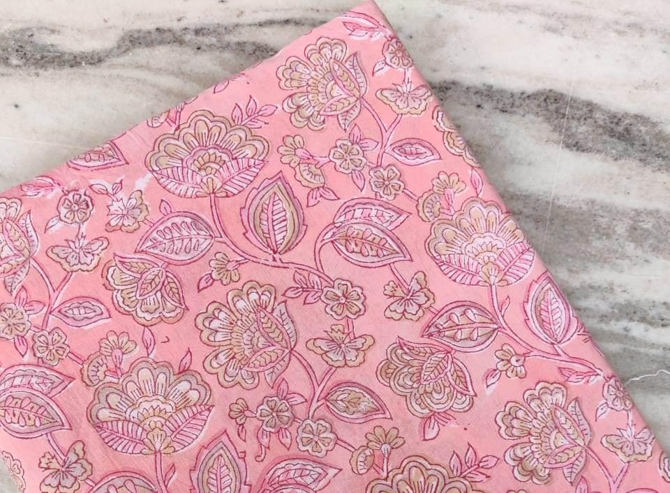 Pink Floral Cotton Fabric, Hand Block Print Material by the Yard, Quilting, Dressmaking & Sewing Fabric, Indian Soft Cotton, Running Fabric