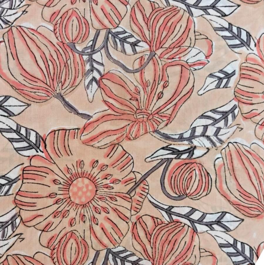 Large Floral Block Print Cotton Fabric, Peach Pink Indian Cotton, Hand Printed Boho Fabric for Dressmaking Quilting Sewing Projects, Napkins