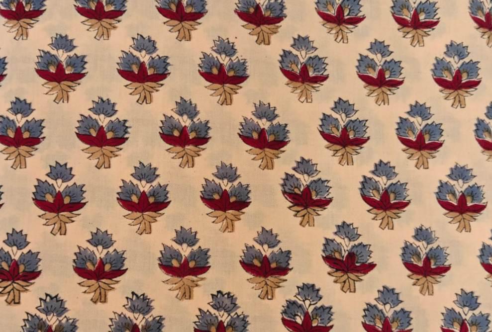 Beige Floral Cotton Fabric by Yard, Small Red Blue Buti Print, Indian Block Print Cotton, Quilting Sewing Craft Dress Fabric, Loose Running
