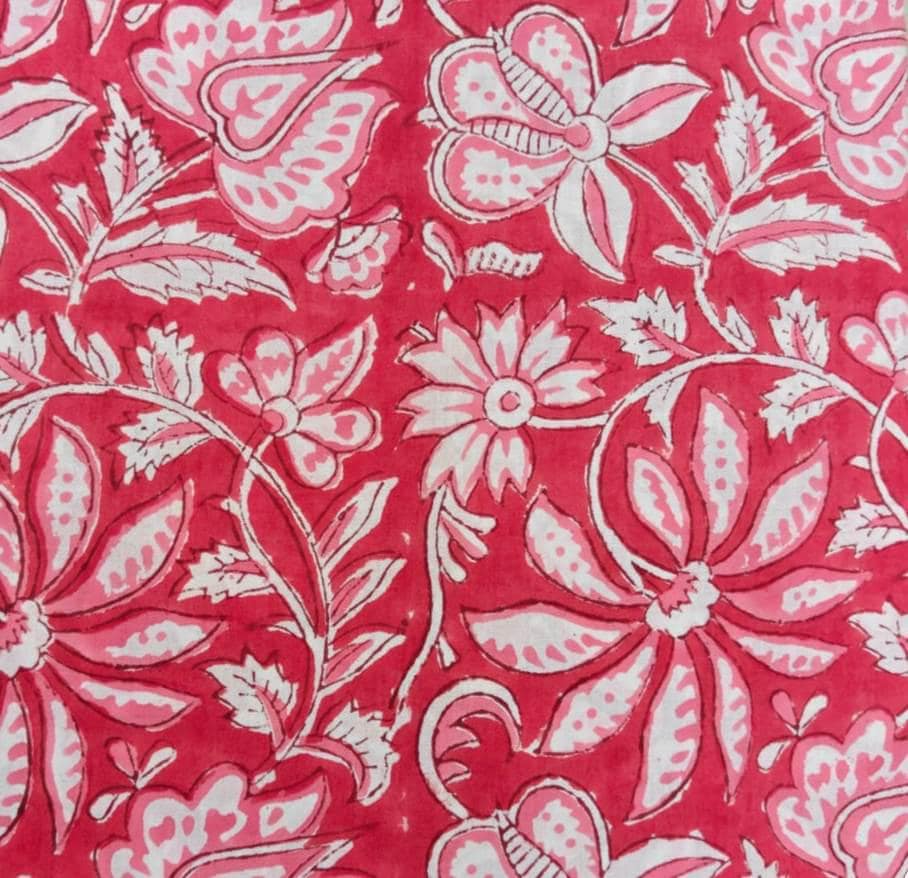 Red Pink Floral Cotton Fabric, Block Print Style Fabric by Yard, Soft Cotton for Sewing, Quilting, Dresses, Home Decor Bulk Fabric Available