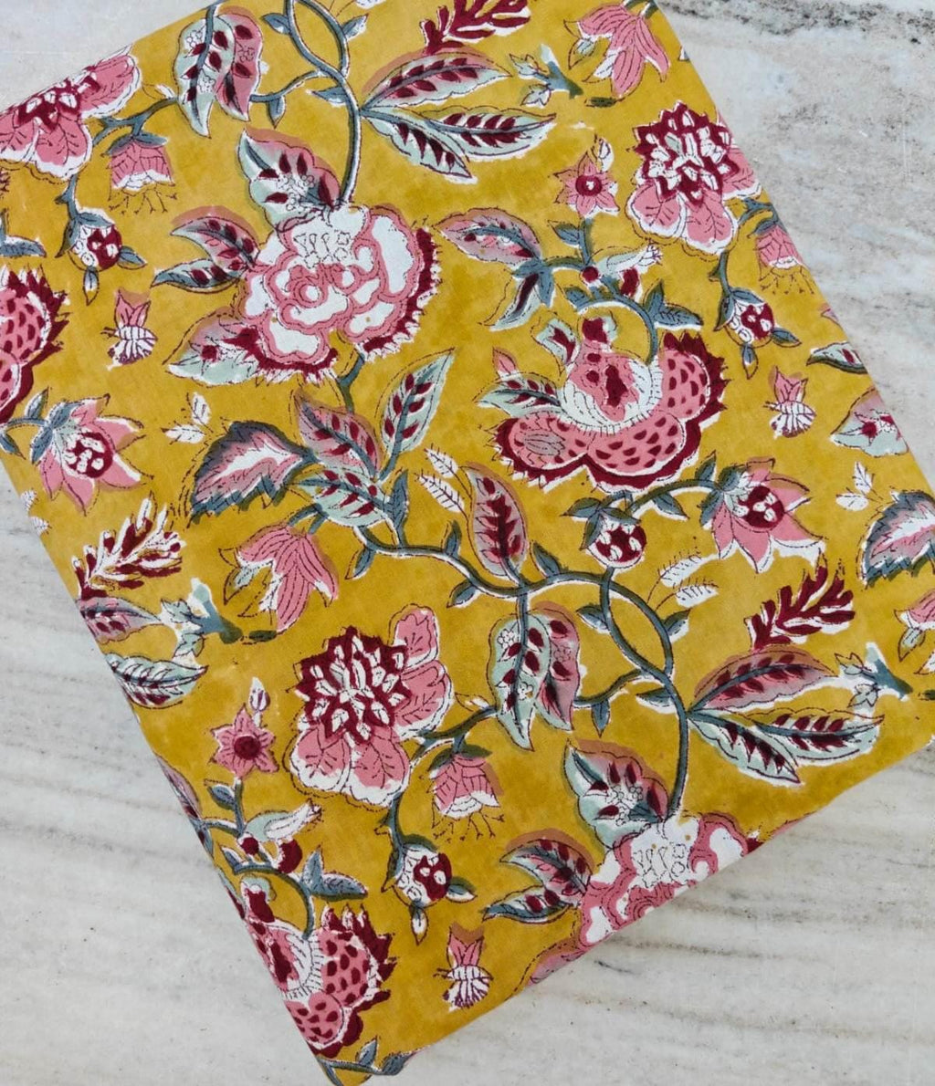 Vintage Mustard Yellow Floral Cotton Fabric by the Yard, Hand Block Print Fabric, Flower Cotton Fabric, Craft Fabric, Indian Cotton Textile