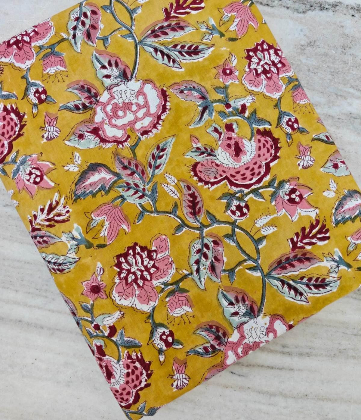 Vintage Mustard Yellow Floral Cotton Fabric by the Yard, Hand Block Print Fabric, Flower Cotton Fabric, Craft Fabric, Indian Cotton Textile