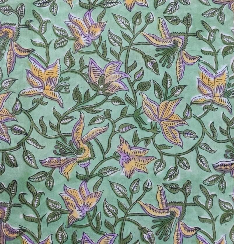 Green Floral Cotton Fabric by the Yard, Hand Block Print Fabric with Purple & Mustard Flowers, Indian Cotton for Sewing, Quilting, Textile