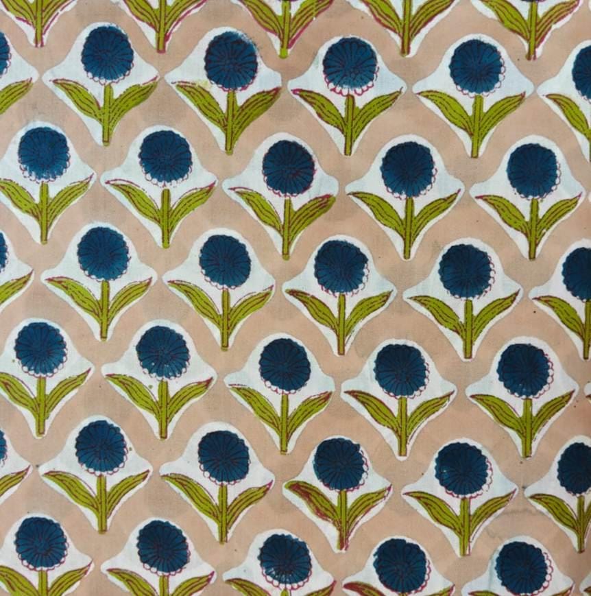 Blue Floral Hand Block Print Cotton Fabric, Indian Cotton Fabric by Yard, Beige Background Flower Print Fabric, Sewing, Dressmaking Fabric