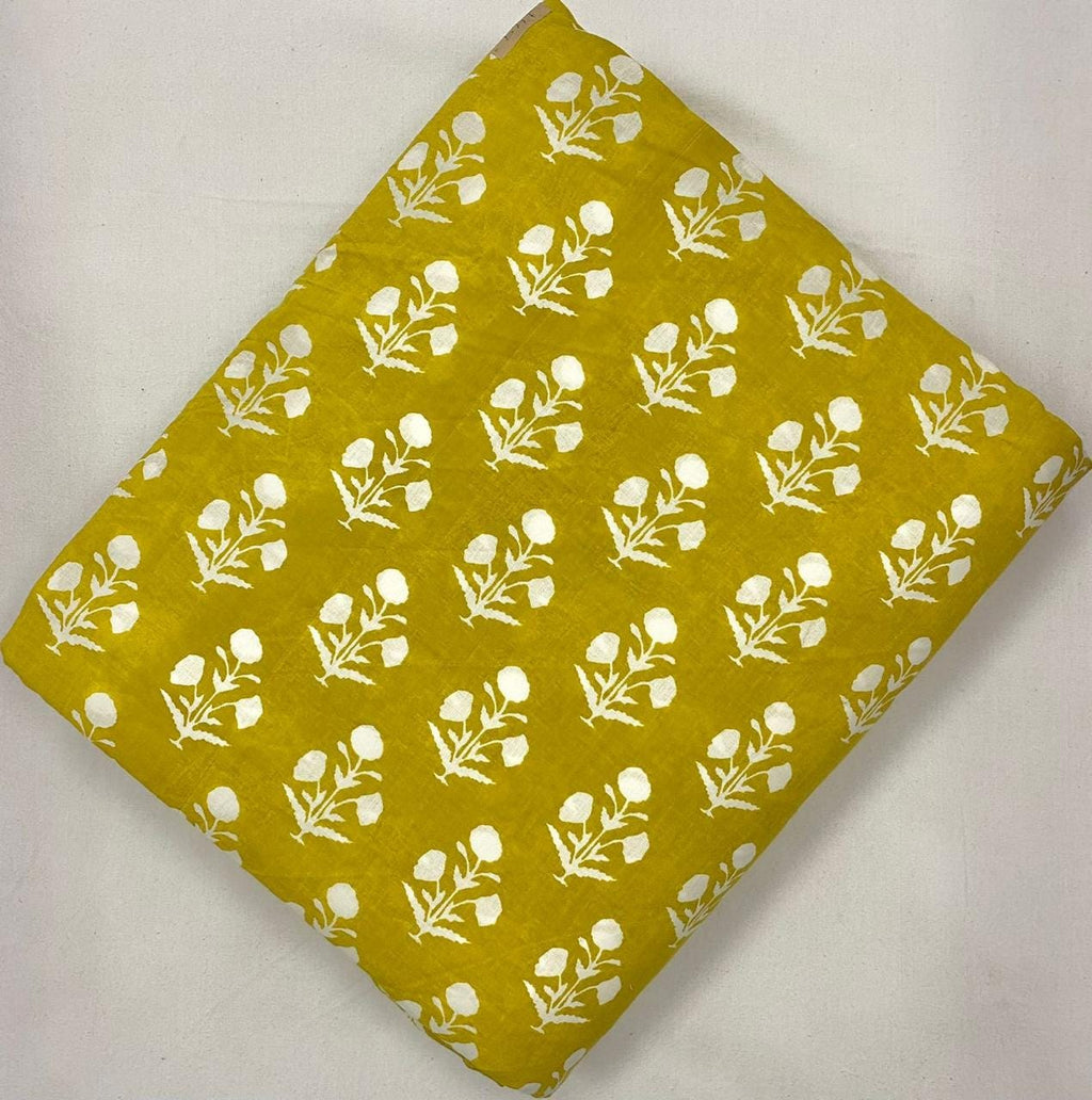 Mustard Yellow Floral Cotton Fabric by Yard, Hand Block Print Fabric, Indian Cotton Fabric, Boho Dress Sewing Material & Craft Fabric