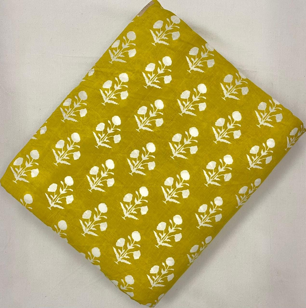 Mustard Yellow Floral Cotton Fabric by Yard, Hand Block Print Fabric, Indian Cotton Fabric, Boho Dress Sewing Material & Craft Fabric