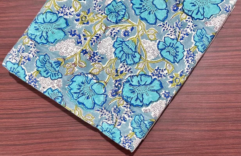 Blue Rose Pattern Cotton Fabric, Cute Flower Fabric, Hand Block Print Fabric, Indian Cotton Textile, Sewing Quilting, Loose Running Fabric